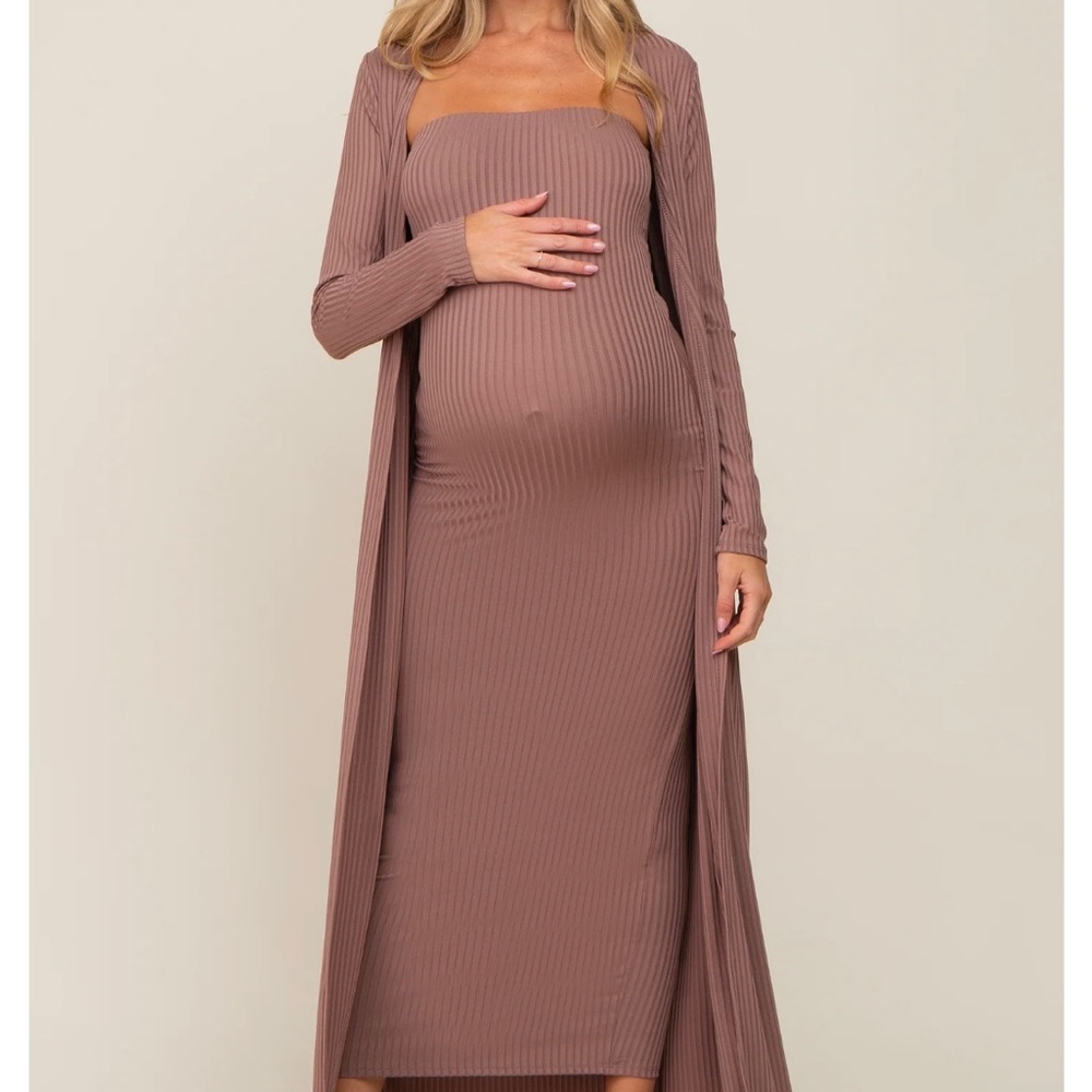 Pink blush maternity mocha ribbed sleeveless dress cardigan set